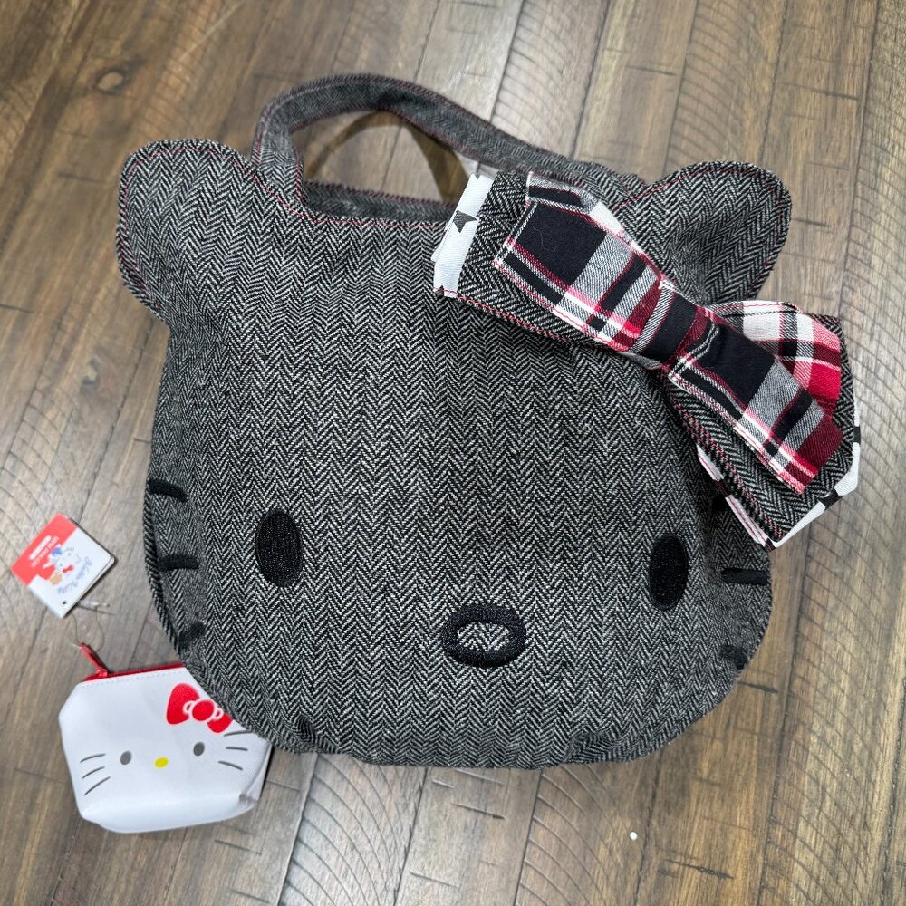 🛍️ RARE Bundle! Hello Kitty Plaid Bow Herringbone Tweed Tote Bag + Mini Pouch